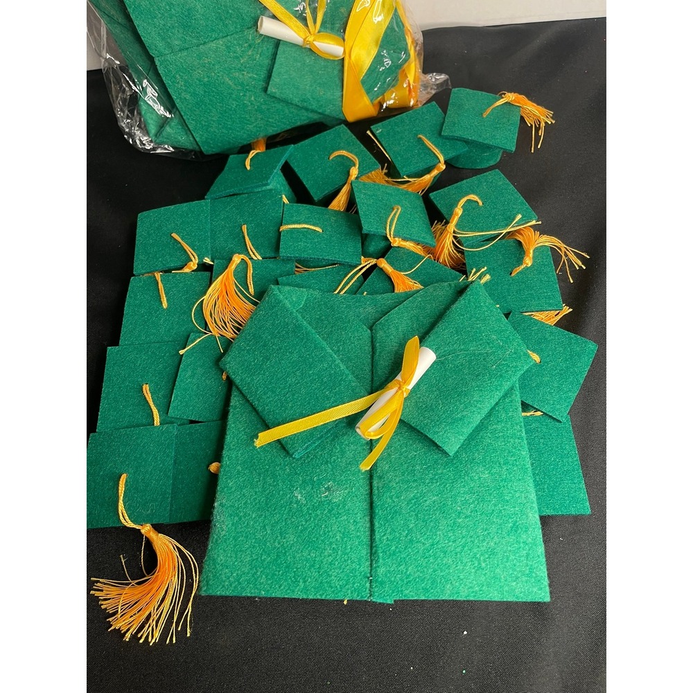 Graduation Party Favor Felt Cap, Gown, & Diploma Supplies Green Gold 24pcs